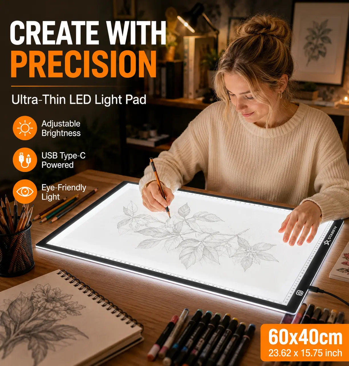 A2 LED Light Pad with Built-In Ruler, 60X40Cm Diamond Painting Light Board, 3-Level Dimming, Ultra-Thin Type-C Tracing Pad for Artists' Drawing & Sketching Supplies