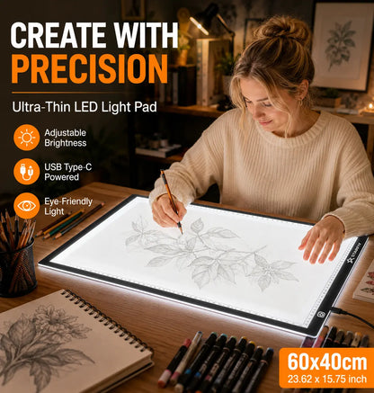 A2 LED Light Pad with Built-In Ruler, 60X40Cm Diamond Painting Light Board, 3-Level Dimming, Ultra-Thin Type-C Tracing Pad for Artists' Drawing & Sketching Supplies