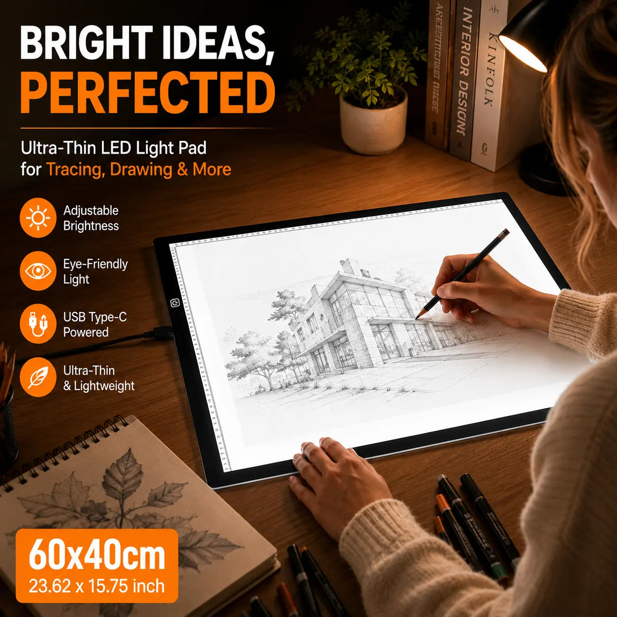 A2 LED Light Pad with Built-In Ruler, 60X40Cm Diamond Painting Light Board, 3-Level Dimming, Ultra-Thin Type-C Tracing Pad for Artists' Drawing & Sketching Supplies