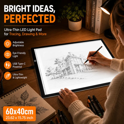 A2 LED Light Pad with Built-In Ruler, 60X40Cm Diamond Painting Light Board, 3-Level Dimming, Ultra-Thin Type-C Tracing Pad for Artists' Drawing & Sketching Supplies