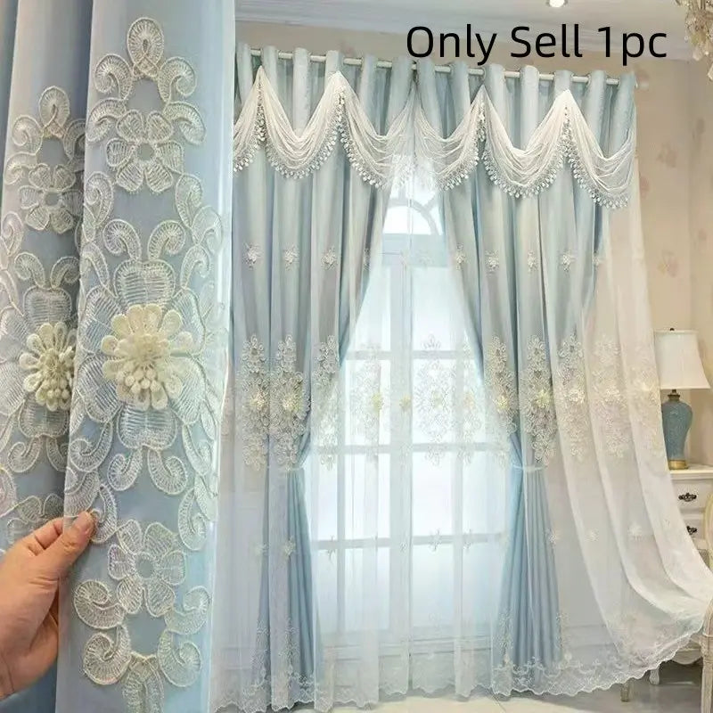 1Pc Double Layer Light Blocking European Luxury Window Curtain, Wave Header Design, Suitable for Living Room, Bedroom, Multiple Spaces