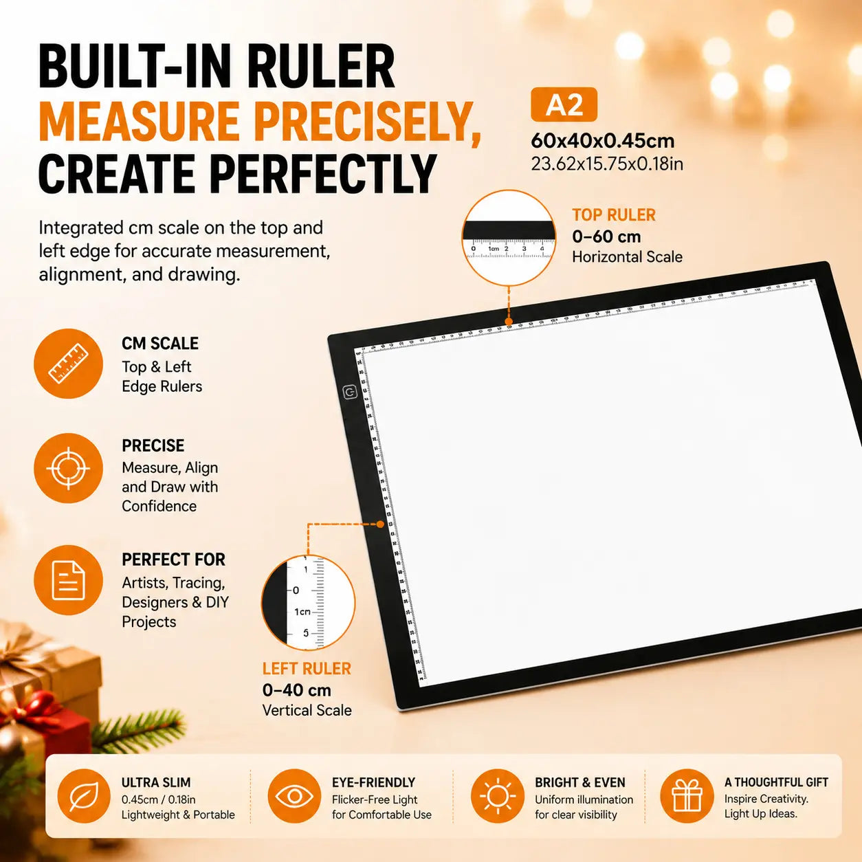 A2 LED Light Pad with Built-In Ruler, 60X40Cm Diamond Painting Light Board, 3-Level Dimming, Ultra-Thin Type-C Tracing Pad for Artists' Drawing & Sketching Supplies