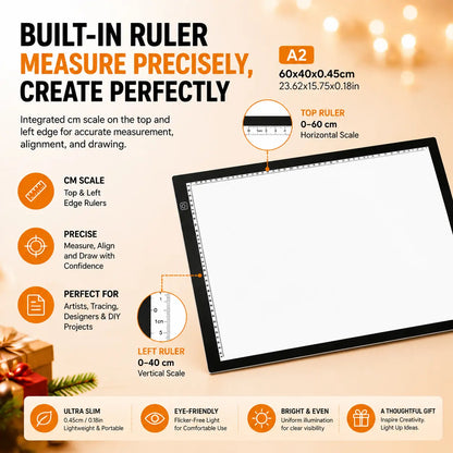 A2 LED Light Pad with Built-In Ruler, 60X40Cm Diamond Painting Light Board, 3-Level Dimming, Ultra-Thin Type-C Tracing Pad for Artists' Drawing & Sketching Supplies