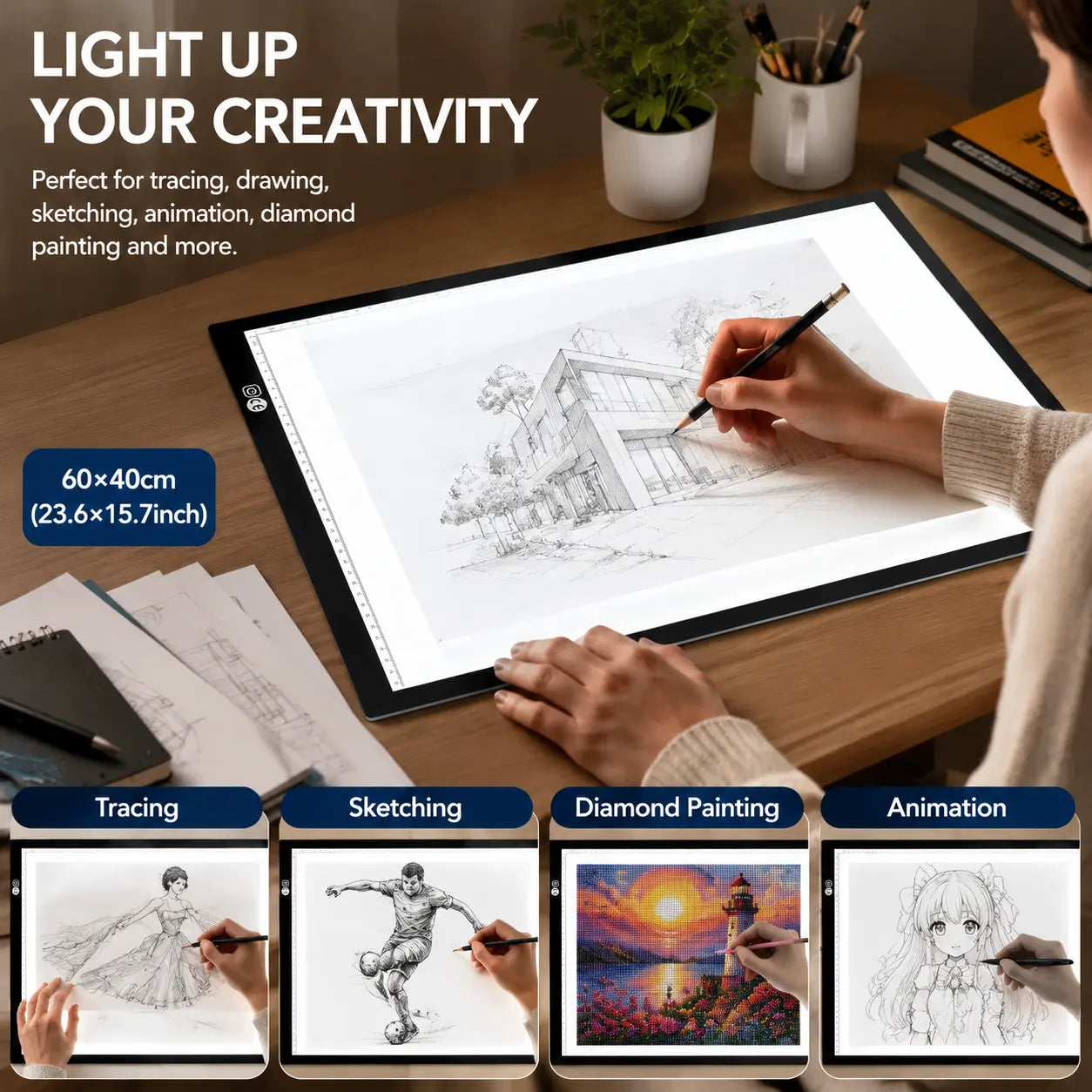 A2 LED Light Pad with Built-In Ruler, 60X40Cm Diamond Painting Light Board, 3-Level Dimming, Ultra-Thin Type-C Tracing Pad for Artists' Drawing & Sketching Supplies