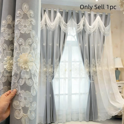 1Pc Double Layer Light Blocking European Luxury Window Curtain, Wave Header Design, Suitable for Living Room, Bedroom, Multiple Spaces