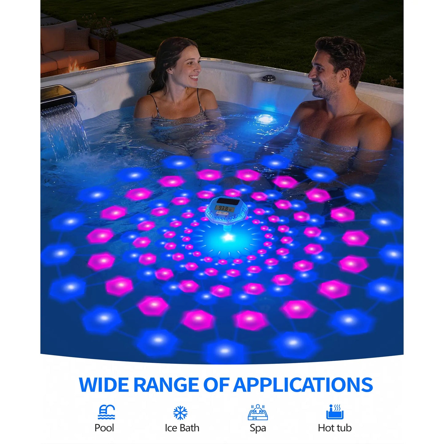 Pircaath 2026 Upgrade Digital Pool Thermometer Floating Easy Read, Solar Pool Thermometer with 7 Dynamic Light Show, Large LCD Screen & IP68 Waterproof Pools Water Temperature Thermometers for Hot Tub