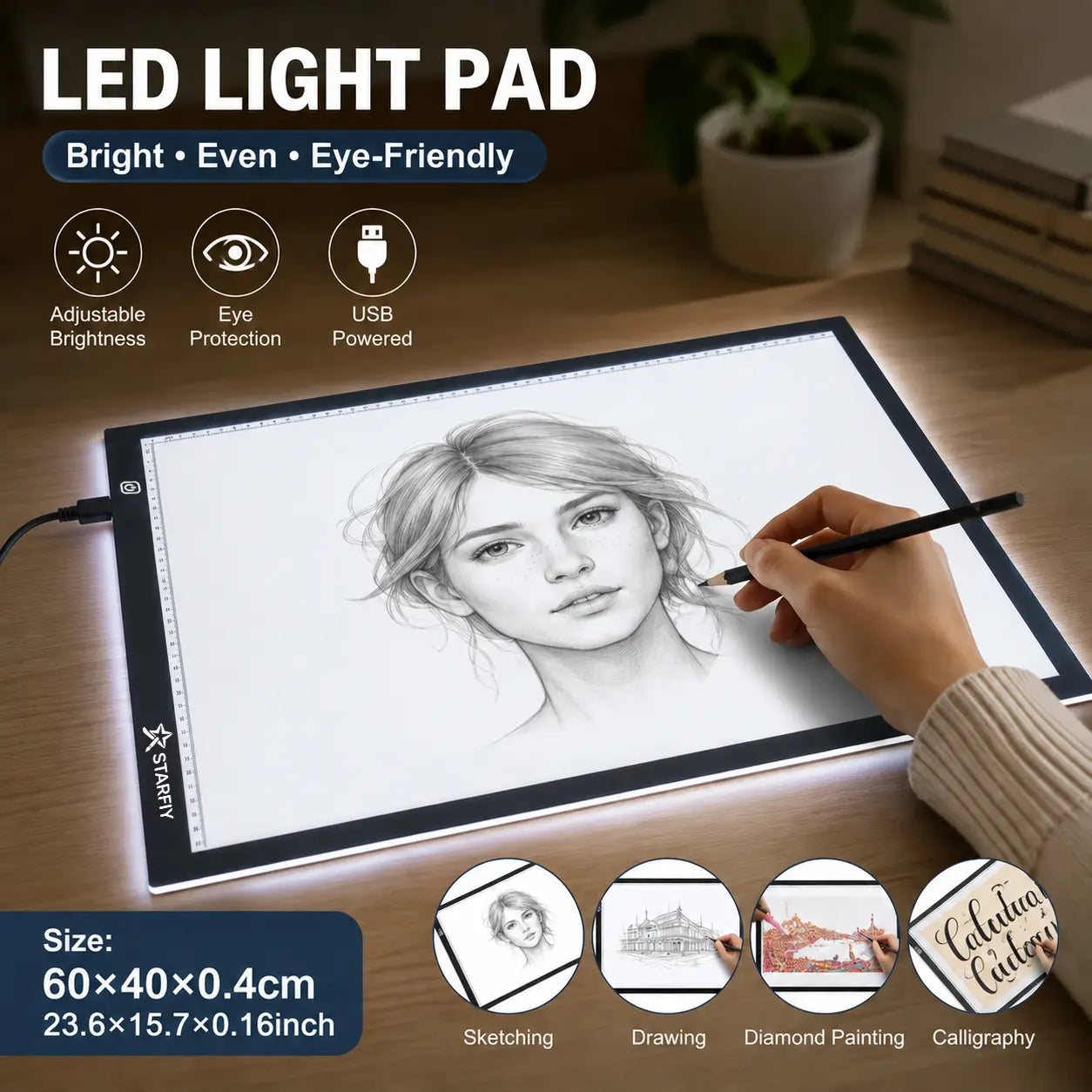 A2 LED Light Pad with Built-In Ruler, 60X40Cm Diamond Painting Light Board, 3-Level Dimming, Ultra-Thin Type-C Tracing Pad for Artists' Drawing & Sketching Supplies