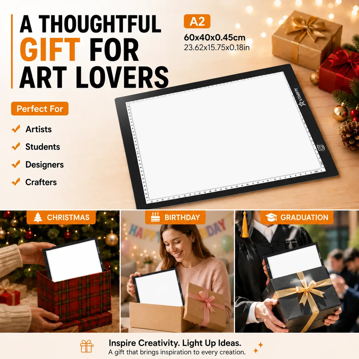 A2 LED Light Pad with Built-In Ruler, 60X40Cm Diamond Painting Light Board, 3-Level Dimming, Ultra-Thin Type-C Tracing Pad for Artists' Drawing & Sketching Supplies