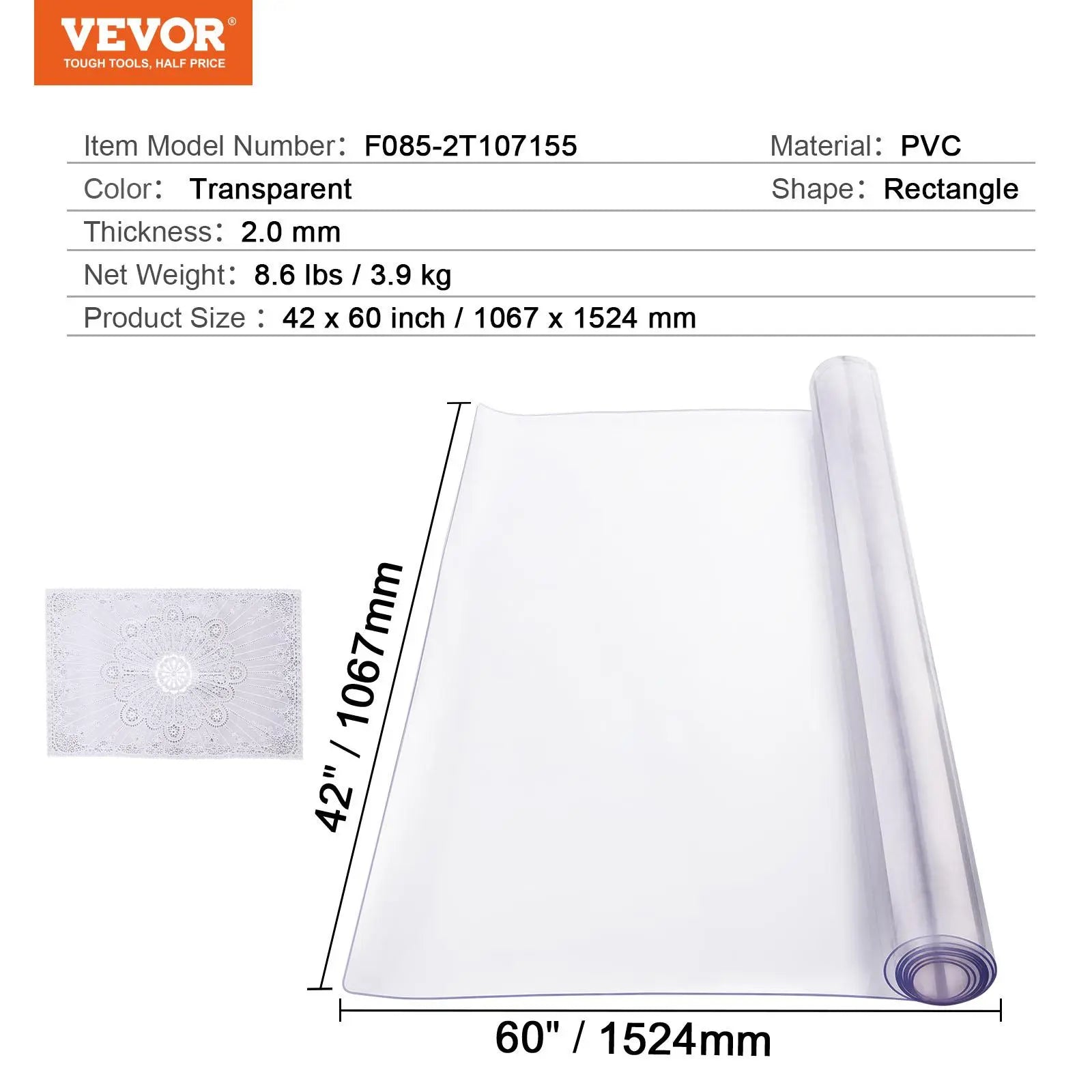 【Dealsforyoudays】Vevor Plastic Table Cover, , 42 X 60 Inch 2.0 Mm Thick Clear Table Protector, Rectangle PVC Desk Mat, Waterproof & Easy Cleaning Desk Pad Tablecloth, for Office Dresser Dining Room Table Night Stand