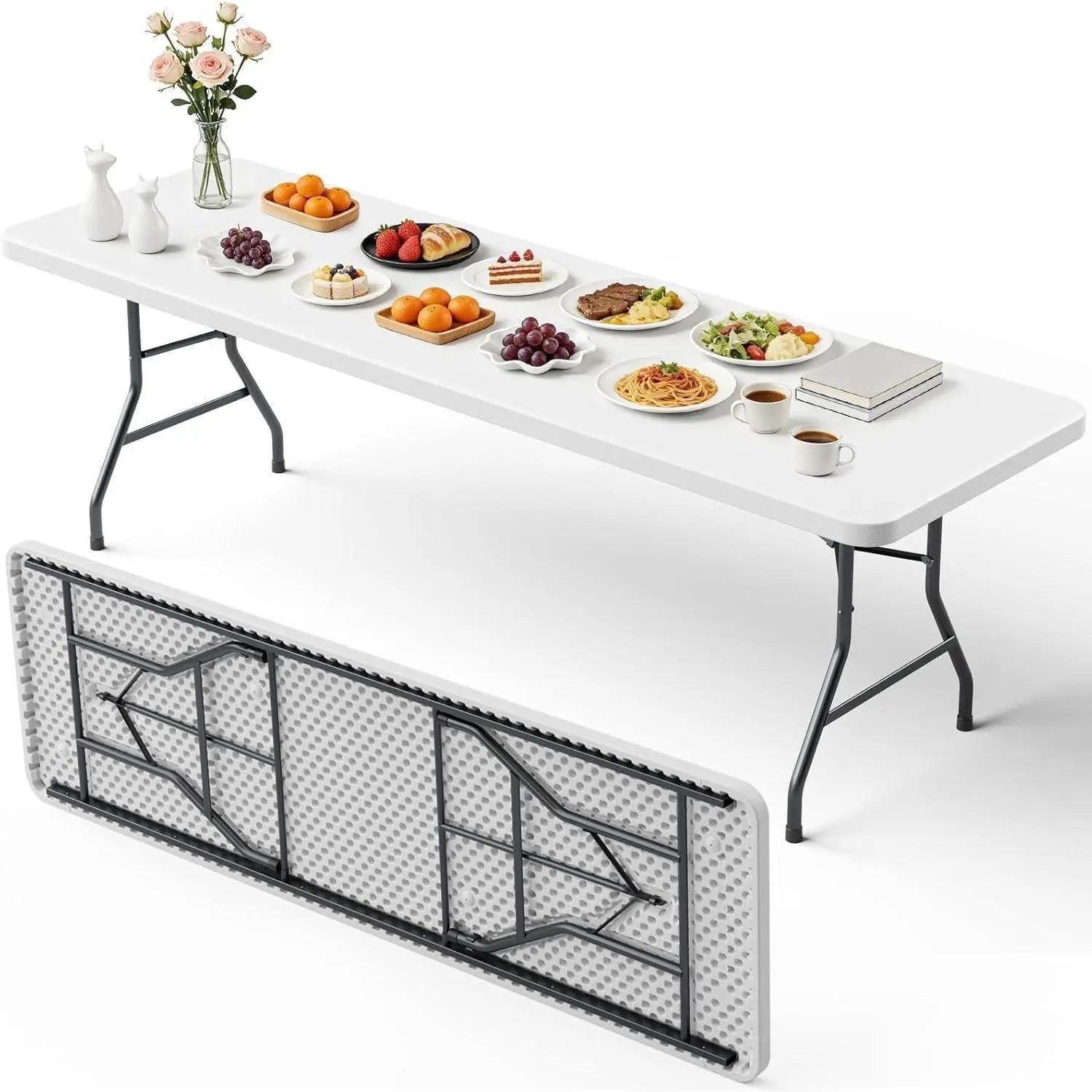 Folding Table 4/6/8Ft - Heavy Duty Plastic Table with Handle, Foldable & Portable, Fold-In-Half Utility Tables for Outdoor, Dining, Wedding, Events, Indoor, Picnic, Camping, Party (White)