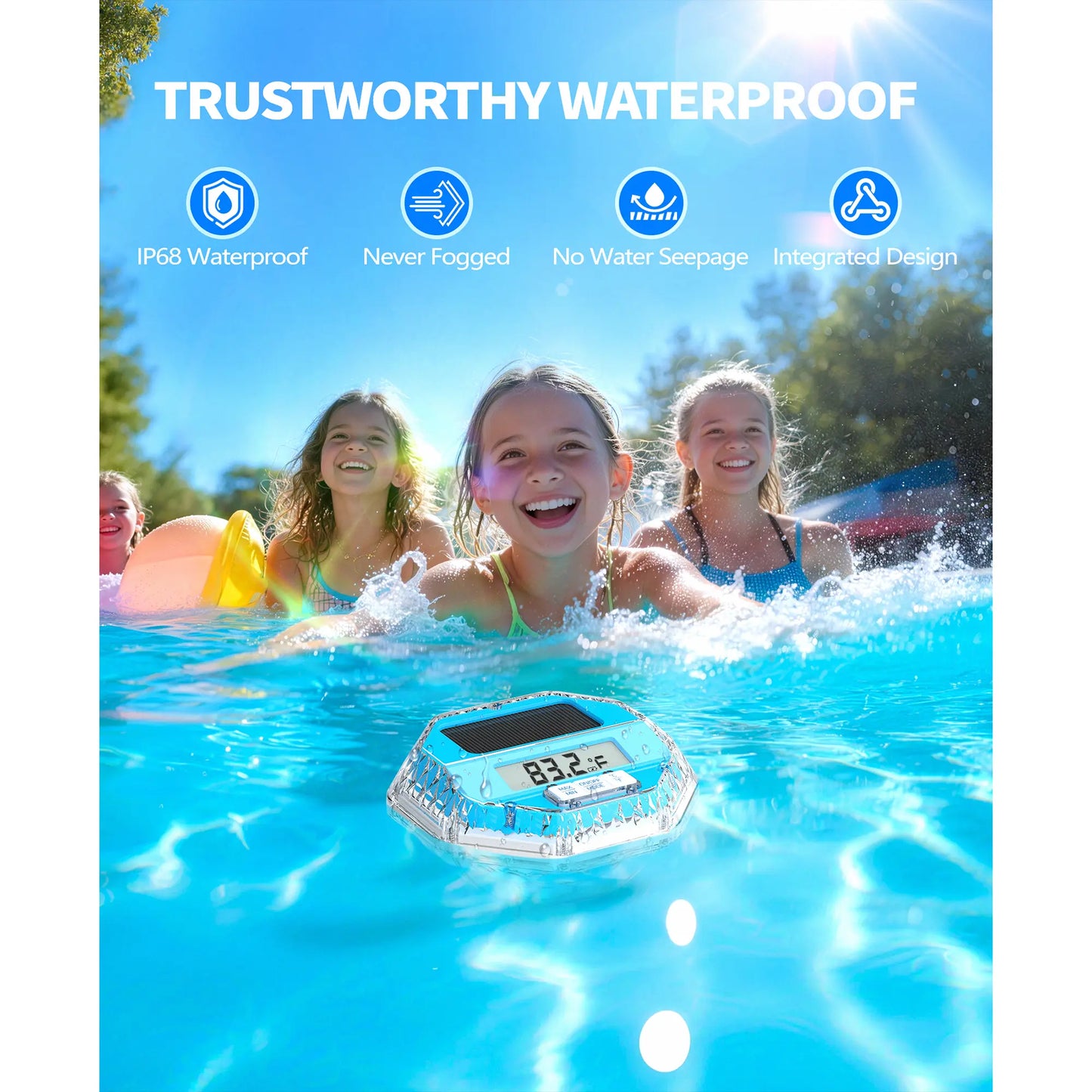 Pircaath 2026 Upgrade Digital Pool Thermometer Floating Easy Read, Solar Pool Thermometer with 7 Dynamic Light Show, Large LCD Screen & IP68 Waterproof Pools Water Temperature Thermometers for Hot Tub