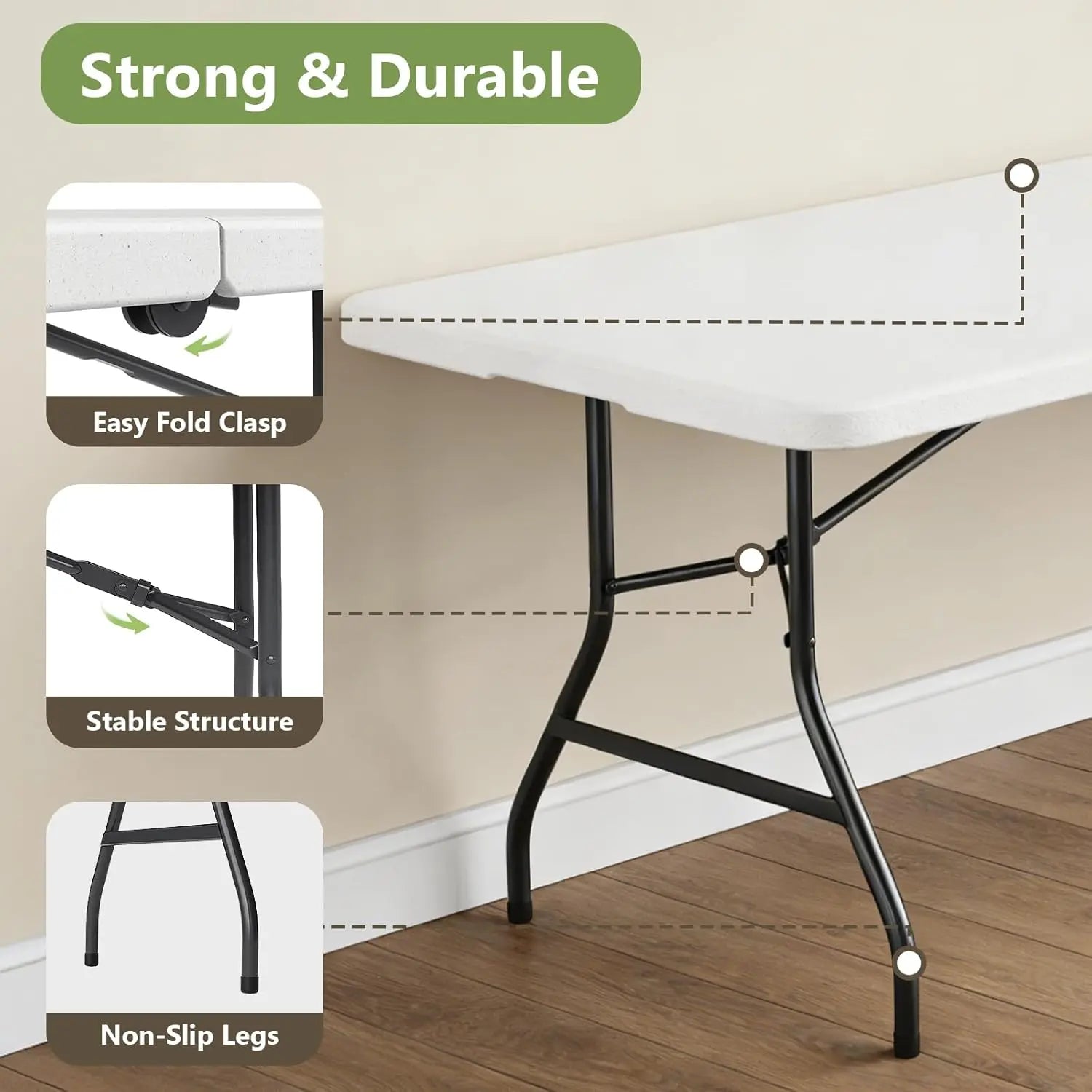 Folding Table 4/6/8Ft - Heavy Duty Plastic Table with Handle, Foldable & Portable, Fold-In-Half Utility Tables for Outdoor, Dining, Wedding, Events, Indoor, Picnic, Camping, Party (White)
